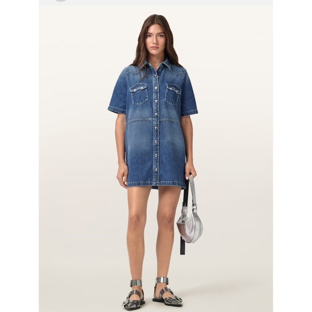 AllSaints Rock Denim Dress Western Snap Front Mini Short Sleeve Size US 2
